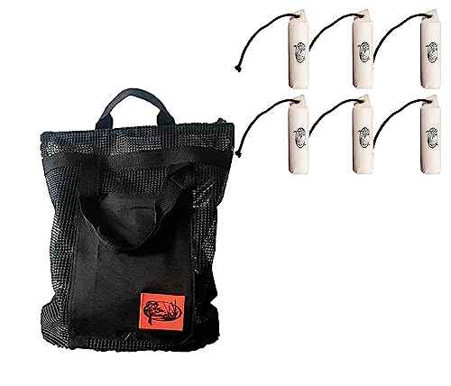 HuntEmUp Hunting Dog Essentials Training Kit - 6 pc Large Canvas Dog Training Bumper White with Throw Rope + Bumper Mesh Bird Bag with Adjustable Strap