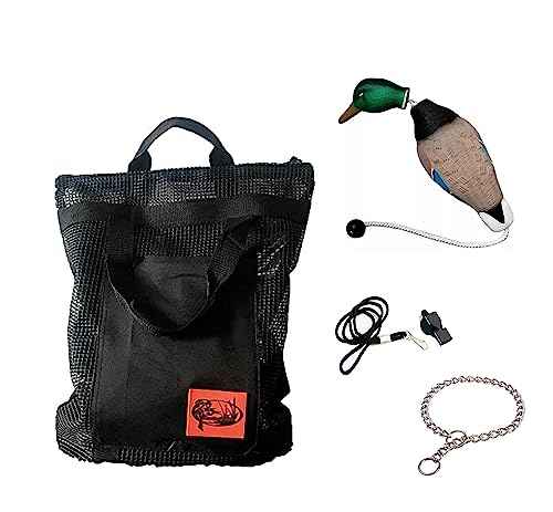 HuntEmUp Hunting Dog Essentials Training Kit - Mesh Bumper Storage Bag + Dead Fowl Mallard Dummy + Whistle & Lanyard + Training Chain