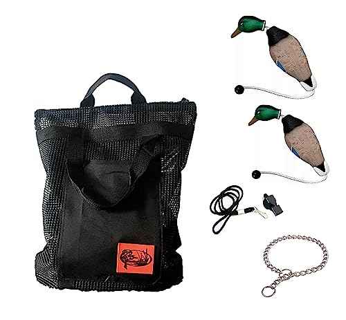 HuntEmUp Hunting Dog Essentials Training Kit - Mesh Bumper Storage Bag + Dead Fowl Mallard Dummy 2pc + Whistle & Lanyard + Training Chain