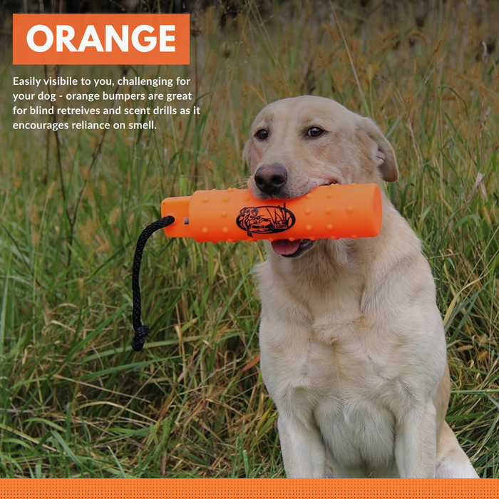 The HuntEmUp 2in Plastic Dog Training Bumper Dummy w/Valve Orange
