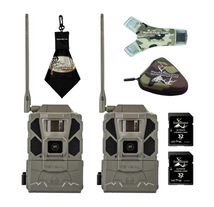 Tactacam Reveal X 3.0 Trail Camera 2-Pack – 32GB SD Cards & HuntEmUp Bundle