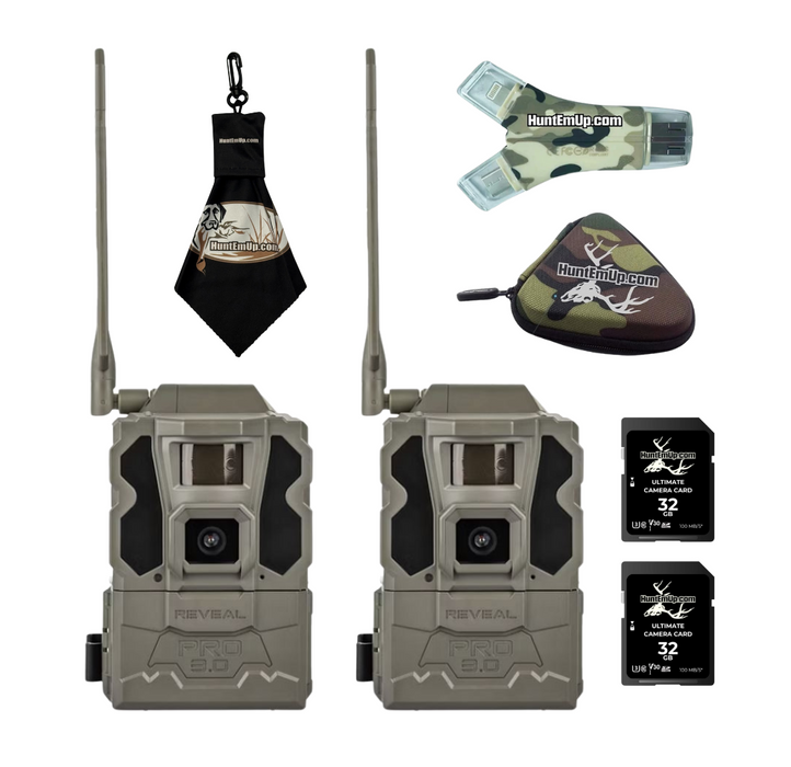 Tactacam Reveal PRO 3.0 Trail Camera 2-Pack Bundle – 32GB SD Cards & HuntEmUp Accessories