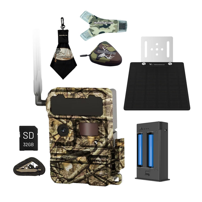 Yellowstone AI Y2 Cellular Trail Camera Solar Bundle with Rechargeable Battery Pack, SD Card & HuntEmUp Accessories