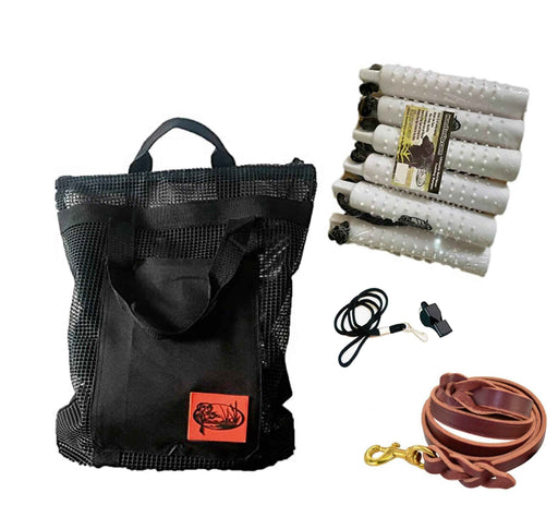 HuntEmUp Hunting Dog Essentials Training Kit - 3 in White Plastic Bumper with Throw Rope 6pc + Mesh Bumper Storage Bag + Whistle & Lanyard + Braided Leash
