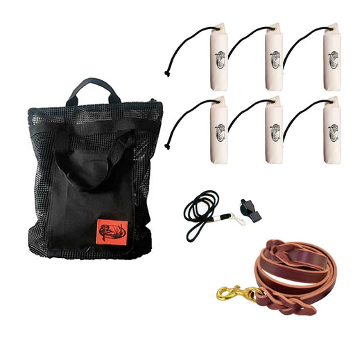 HuntEmUp Hunting Dog Essentials Training Kit -Large Canvas White Bumpers 6pc + Mesh Bumper Bag + Whistle & Lanyard + Braided Leash