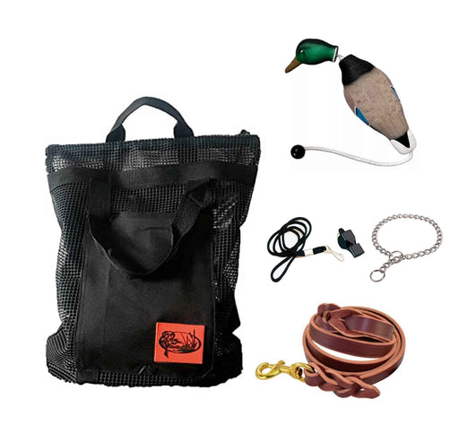 HuntEmUp Hunting Dog Essentials Training Kit - Mesh Bumper Storage Bag + Dead Fowl Mallard Dummy + Whistle & Lanyard + Braided Leather Leash + Training Chain