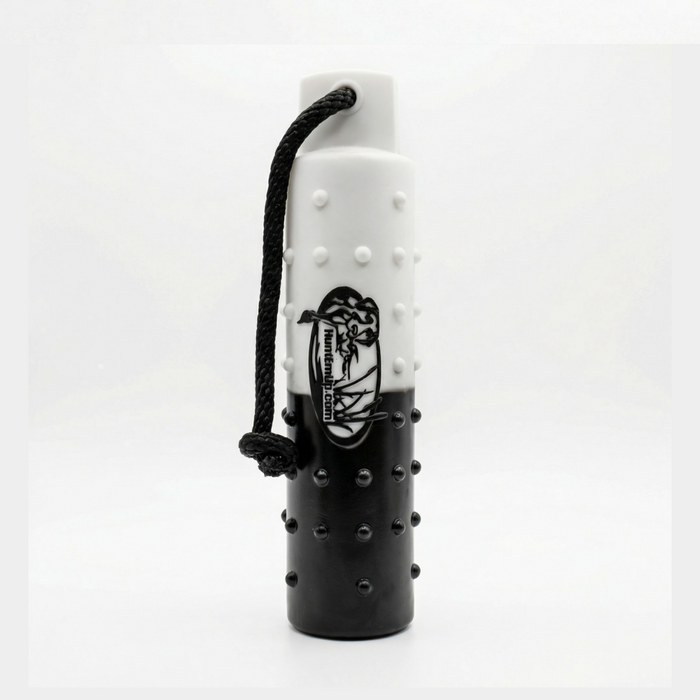 The HuntEmUp 3in Plastic Dog Training Bumper Dummy w/Valve Black White Flasher