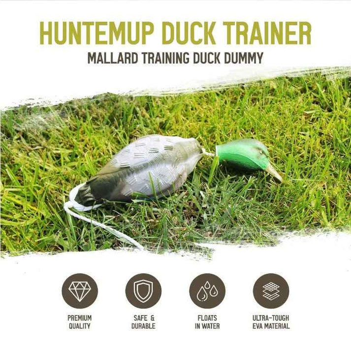 HuntEmUp Hunting Dog Training Equipment - 4 pc Canvas Bumpers With Throw Ropes + Dead Fowl Mallard Dummy