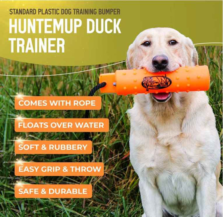 HuntEmUp Hunting Dog Essentials Training Kit -  3 inch Large Bumper Black and White Flasher 6pc + Mesh Bumper Bag + Whistle & Lanyard + Leather Braided Leash + Training Chain